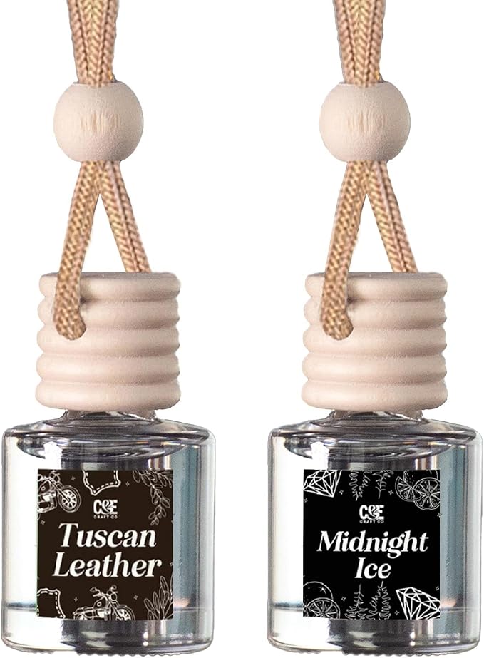 C&E Craft Co Hanging Car Air Freshener Diffuser 2 Pack, Long Lasting Fragrance Oil Car Freshener, Glass Bottle Auto Air Freshener, Made in USA (Tuscan Leather & Midnight Ice)