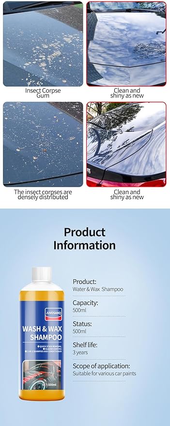 Car Wash & Wax Shampoo, 2-in-1 Liquid Car Shampoo and Conditioner, Enzyme Active Stain Remover with Glazed Coating, Phosphate-Free for Car/Motorcycle Exterior, 500ml/16.9oz