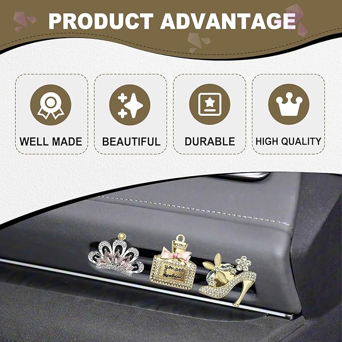 4PCS Bling Air Freshener Vent Clip, Crystal Rhinestone Heels Bag Crown Perfume Bottle Dashboard Air Vent Trim Clips, Cars Accessories Interior Decor (Gold)