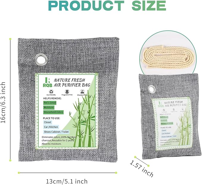 6 Pack Activated Charcoal Odor Absorber. Nature Fresh Bamboo Charcoal Air Purifying Bag Home Closet Air Freshener Deodorizer and Moisture Eliminator, Purifier for Closet, Shoe, Car Air freshener