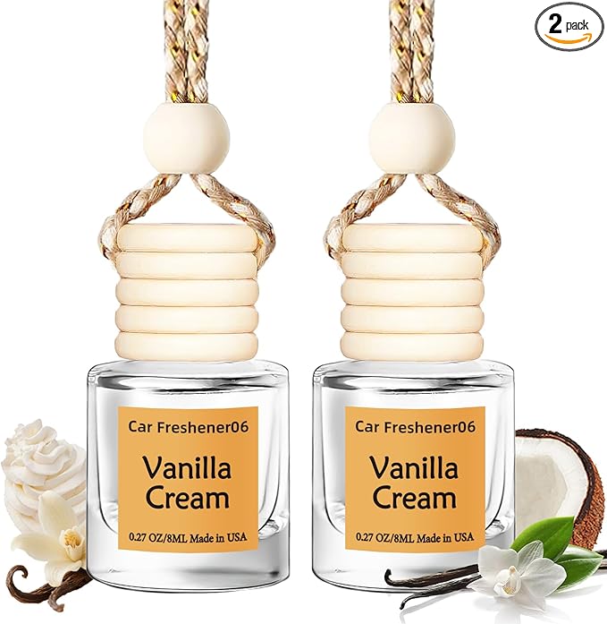 Hanging Car Air Freshener, Long Lasting Essential Oil Diffuser, Non-Toxic Vanilla Cream Scent, Cute Car Fresheners for Women, 2 Pack Made in USA