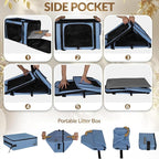 Petskd 26"x17"x17" Extra Large Cat Carrier with Litter Box for Large Cat or 2 Small Cats under 55LBS, Collapsible Soft Sided Pet Carrier for Car Travel with Seat Belt Buckles and Locking Zippers(Blue)