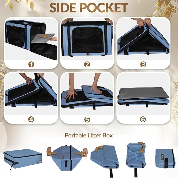 Petskd 26"x17"x17" Extra Large Cat Carrier with Litter Box for Large Cat or 2 Small Cats under 55LBS, Collapsible Soft Sided Pet Carrier for Car Travel with Seat Belt Buckles and Locking Zippers(Blue)