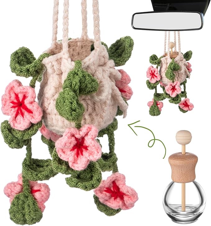 Cute Crochet Plant Car Freshener 12ml Empty Refillable Diffuser Bottle with Plants Hanging Accessories for Rearview Mirror Home Office Decor Women Mother's Day Gifts(Cherry Blossoms)