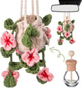 Cute Crochet Plant Car Freshener 12ml Empty Refillable Diffuser Bottle with Plants Hanging Accessories for Rearview Mirror Home Office Decor Women Mother's Day Gifts(Cherry Blossoms)