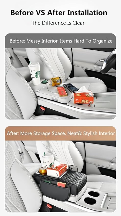 Car Armrest Pad with Built-in Induction Charging, Leather Center Console Cushion with 15W Power Pad, Dual Cup Holders, Storage Pockets - Light Beige