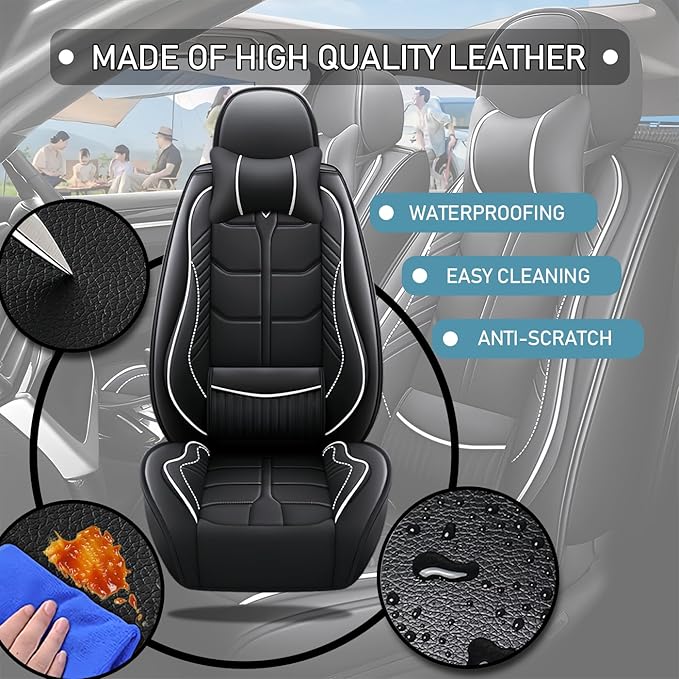 Leather Car Seat Covers Fit for Toyota Avalon 1996-2024, 5 Seater Car Seat Cover, Premium Waterproof, Scratch Resistant Car Interior Accessories (Full Set with Pillow Black White)