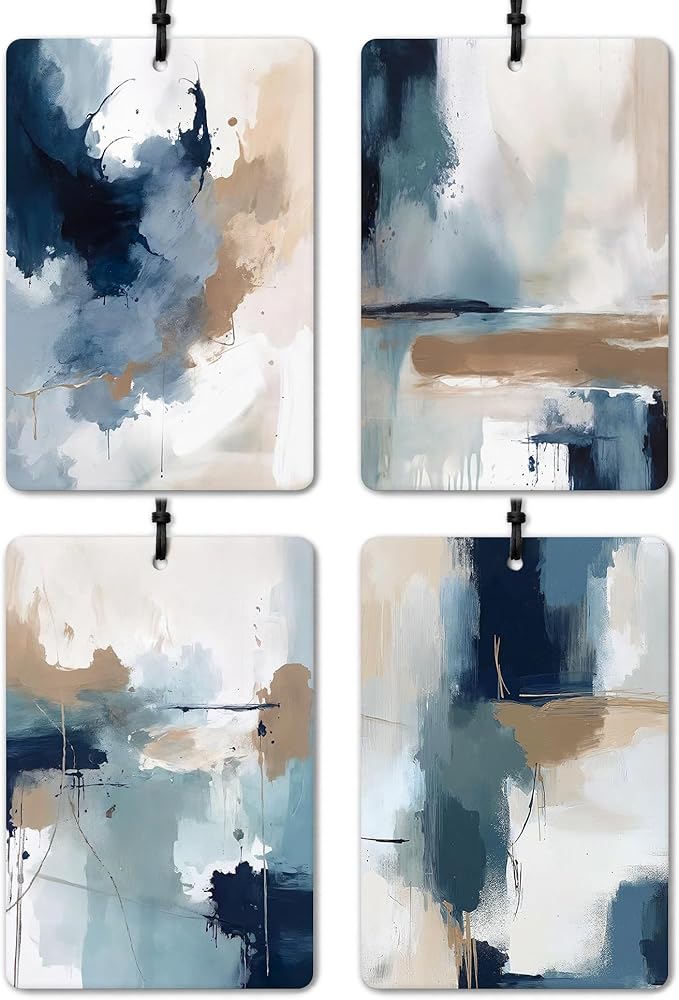 Modern Abstract Abstract Car Air Freshener 4 Pcs, Boho Minimalist Blue White and Brown Hanging Air Freshener for Cars Closet Drawer Books, Girly Car Accessories Mirror Decor for Women