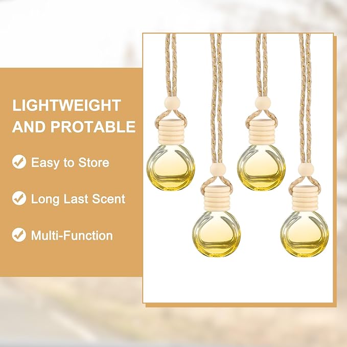 uxcell 8pcs Hanging Car Air Freshener Perfume Bottle, 10ml Pendant Empty Clear/Yellow Glass Essential Oil Aromatherapy Diffuser with Wooden Cap for Car Decor (Clear/Yellow, Round)