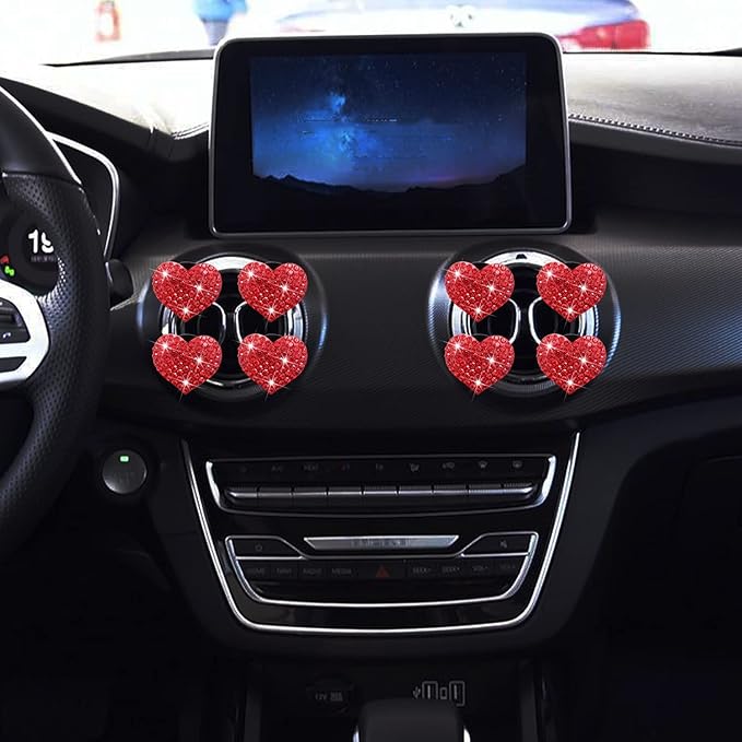 8 Pcs Bling Heart Air Freshener Vent Clips - Crystal Heart Rhinestone Car Decoration, Cute Car Accessories for Women Girls (Red)