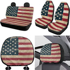 FKELYI Red American Flag Car Seat Covers Full Set, Steering Wheel Protector, Headrest Cover, Gear Shifter Knob and Handbrake Cover