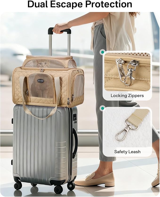 Cat Carrier Airline Approved 17x11x9.5 Inches, Top Expandable Soft Sided Pet Travel Carrier for Cats & Small Dogs, Fits Under Airline Seat with Locking Zippers, Brown