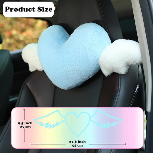 2 Pack Heart Shaped Cute Car Headrest Pillow with Angel Wings - Comfortable Soft Head Rest Cushion Kawaii Car Accessories Neck Pillow for Driving Travelling Office Home Decor - Light Blue Love Heart