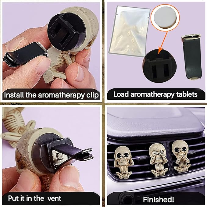 Car Air Freshener Vent Clip Men Women Car Interior Accessories 3 Pack Cute Skull Car Air Conditioner Vent Decoration, for Automotive Home Room Bathroom Christmas Halloween Gifts