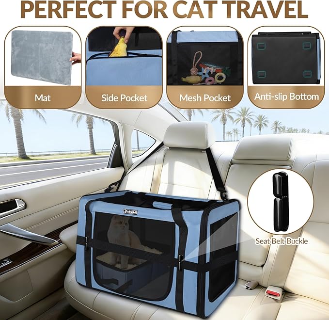 Petskd 26"x17"x17" Extra Large Cat Carrier with Litter Box for Large Cat or 2 Small Cats under 55LBS, Collapsible Soft Sided Pet Carrier for Car Travel with Seat Belt Buckles and Locking Zippers(Blue)