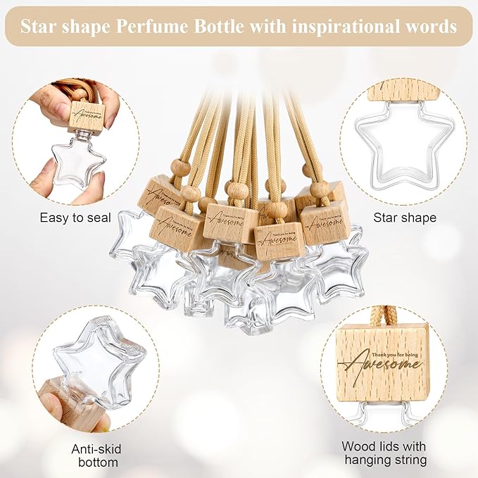 24 Pcs Star Shaped Car Fragrance Diffuser Bottle Bulk - Appreciation Gifts Set Hanging Glass Diffusers with Inspirational Message for Coworker Teacher Staff Thank You Gift (Awesome)