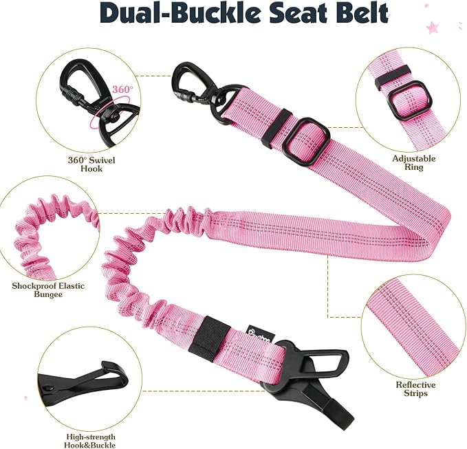 Pawaboo Dog Seat Belt Harness for Car, Dog Car Harness Seatbelt with Double Clips, Adjustable Breathable Pet Vest & Dogs Safety Tether with Elastic Bungee for Small Medium Large Pet, XXL, Pink + Black