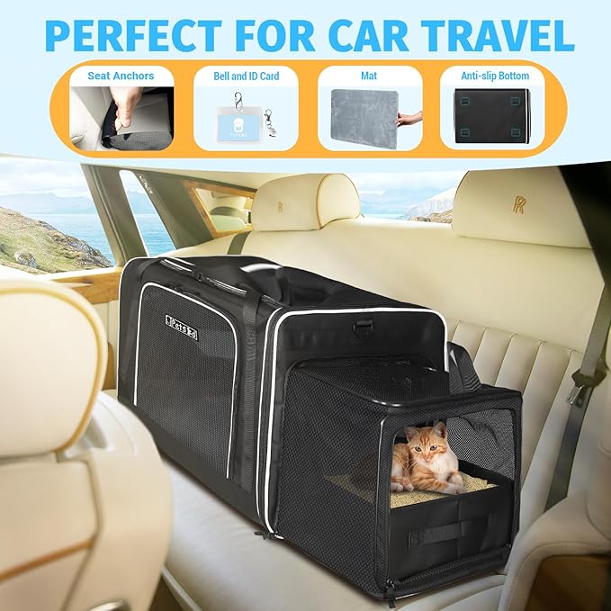 Petskd Side Expandable Extra Large Cat Carrier with Wheels and Litter Box, 24"x17"x17" Soft-Sided Pet Carrier for 2 Cats Under 55 lbs with Zipper Locks for Car Travel (Black)
