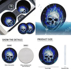 FKELYI Cool Skull Car Seat Covers Set Blue Fire Car Interior Seat Protector,Absorbent Cup Holder Pads,Steering Wheel Cover,Gear Shift Cover,Handbrake Cover,Headrest Covers