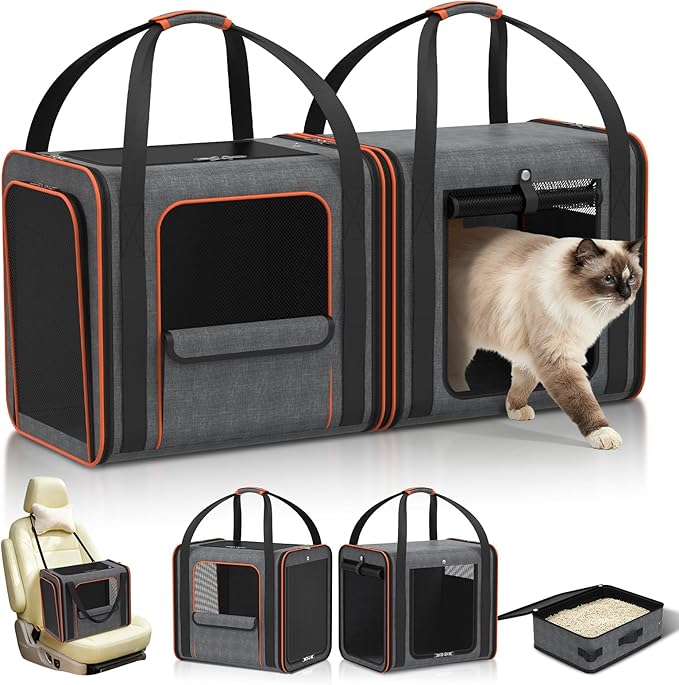 Cat Carrier Bag Large for Travel: 2-in-1 Cat Carrier Soft with Litter Box 34x13x16in Secure The Car Seat for 2 Cats Travelling Design Long Trips Ride