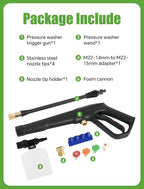 Pressure Washer Gun with Foam Cannon, Max W.P. 2320PSI, B.P. 5000PSI, M22-14mm & M22-15mm Fitting, 4 Stainless Steel Nozzle Tips & Holder, Replacement for Ryobi, Greenworks, and More