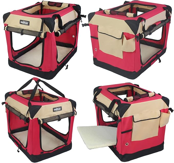 EliteField 4-Door Folding Soft Dog Crate with Curtains, Carrying Bag and Fleece Bed (2 Year Warranty), Indoor & Outdoor Pet Home (42" L x 28" W x 32" H, Red+Beige)