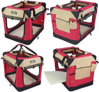 EliteField 4-Door Folding Soft Dog Crate with Curtains, Carrying Bag and Fleece Bed (2 Year Warranty), Indoor & Outdoor Pet Home (30" L x 21" W x 24" H, Red+Beige)
