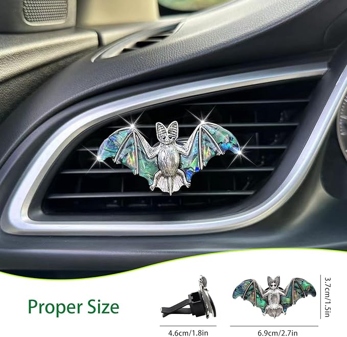 Bat Air Vent Clip Car Air Freshener Outlet Clips Natural Abalone Shell Seashell Color Vampire Bat Car Accessories Gothic Car Decor Refillable Car Diffuser Clips (Big Bat)