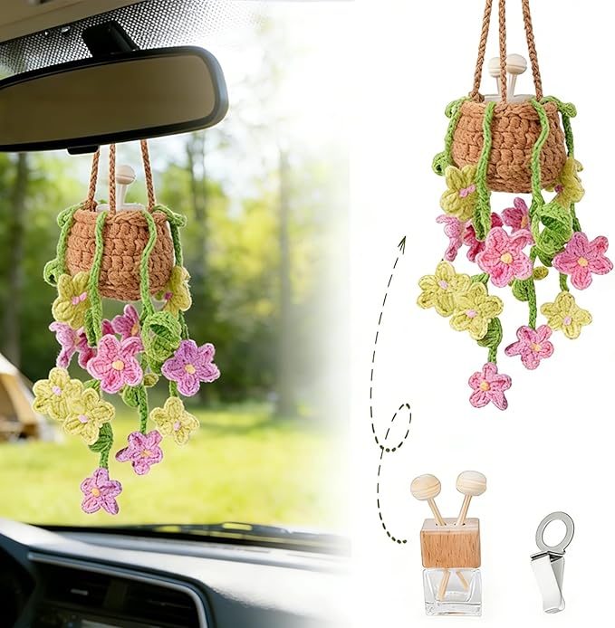 Crochet Car Air Freshener, 8ml Empty Refillable Oil Diffuser Bottle with Hanging Crochet Pink Daisie Plant & Hanging Tools, Car Rearview Mirror Diffuser for Wall Art & Home & Office Decoration
