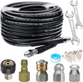 Sewer Jetter Kit 50FT for Pressure Washer, 5800PSI Drain Cleaner Hose 1/4 Inch NPT, Corner, Rotating & Button Nose Sewer Jetting Nozzle with Spanner Waterproof Tape Pearl Corsage Pin