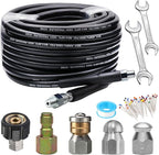 Sewer Jetter Kit 50FT for Pressure Washer, 5800PSI Drain Cleaner Hose 1/4 Inch NPT, Corner, Rotating & Button Nose Sewer Jetting Nozzle with Spanner Waterproof Tape Pearl Corsage Pin