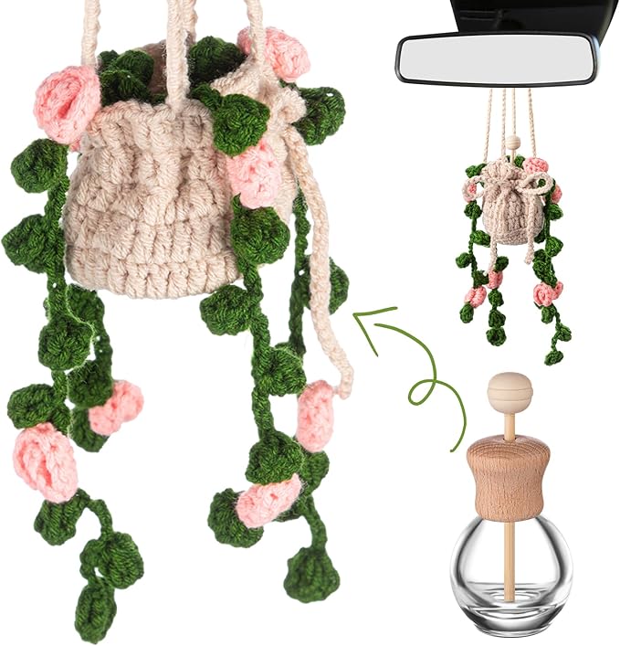 Cute Crochet Plant Car Freshener 12ml Empty Refillable Diffuser Bottle with Plants Hanging Accessories for Rearview Mirror Home Office Decor Women Mother's Day Gifts(Flower)