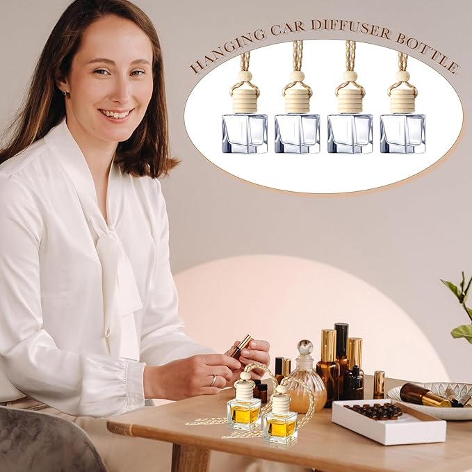 Zubebe 300 Pcs 8ml Hanging Car Air Freshener Diffuser Bottle Bulk Empty Clear Glass Perfume Bottles Refillable Aromatherapy Essential Oils Pendant for Auto Interior Ornaments Decoration (Cube)