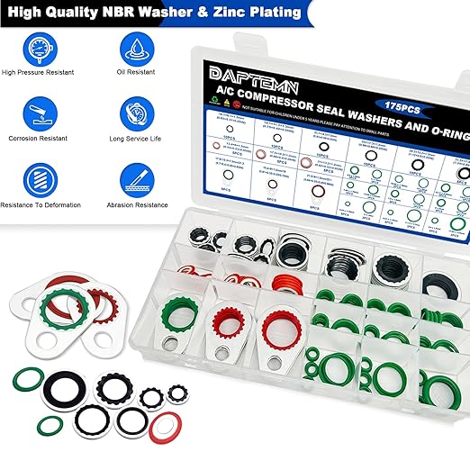 175 PCS A/C Compressor System Seal Washers Kit, 12 Size Air Conditioning Gasket and 18 Size Car AC O Rings, Universal Vehicle Repairs Automotive Self-Centered Washer