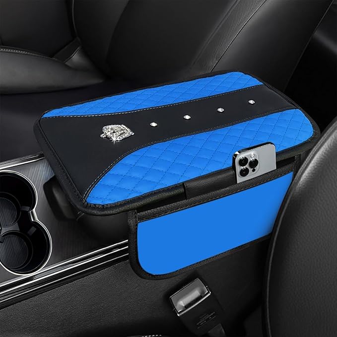 NBTEPEM Bling Crown Car Center Console Armrest Cover, Leather Middle Console Cover Cushion with 2 Storage Bags, Car Armrest Storage Box Interior Accessories for Most Vehicles(Blue)