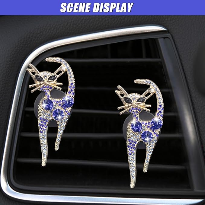 2PCS Car Vent Clips, Bling Cat Air Conditioning Outlet Clip, Crystal Rhinestone Auto Diffuser Clip, Cute Car Accessories for Women, Vehicle Interior Decoration (Blue)