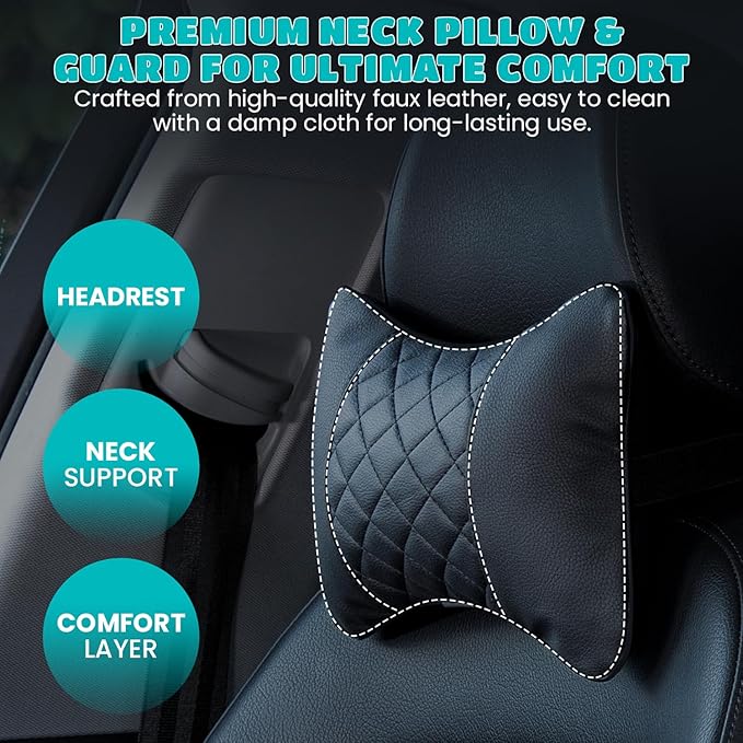 Set of 2 Quilted Faux Leather Car Headrest Pillow, Black Case/Black Threading, Ergonomic Neck Support for Comfortable Driving (Tan Base/Beige Thread)