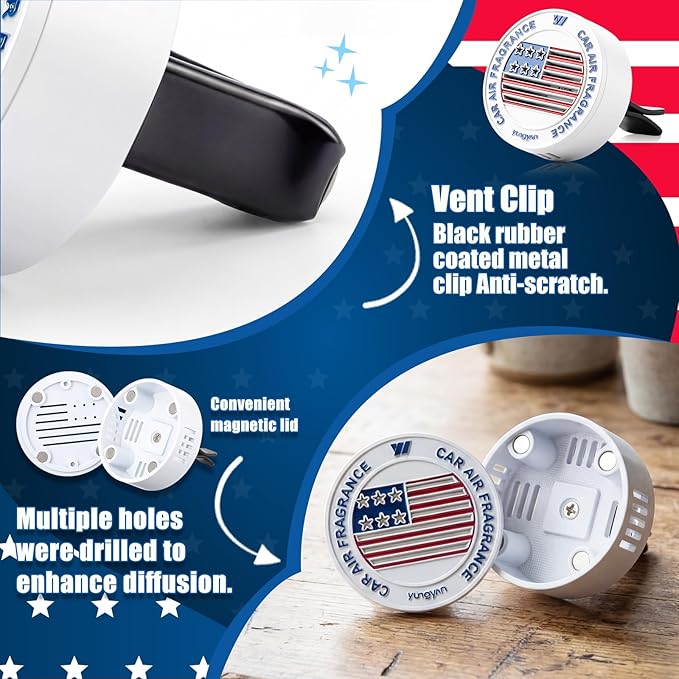 Yungyan Car Air Freshener Vent Clip, American Flag Diffuser Clip for Car, Patriotic Accessories for Memorial Day, Zinc Alloy Aromatherapy Vent Mountfor Vehicle Interior, Ocean Scent