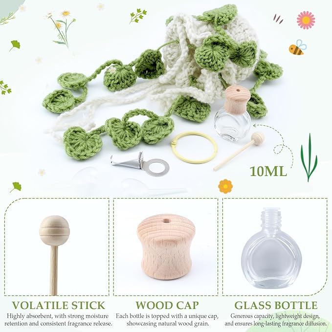 Crochet Car Air Freshener, Cute Crochet Plant for Rear View Mirror, Handmade Car Mirror Hanging Accessories, Plant Botanical Fern Leaf Design with 10ml Refillable Glass Essential Oil Bottle for Home
