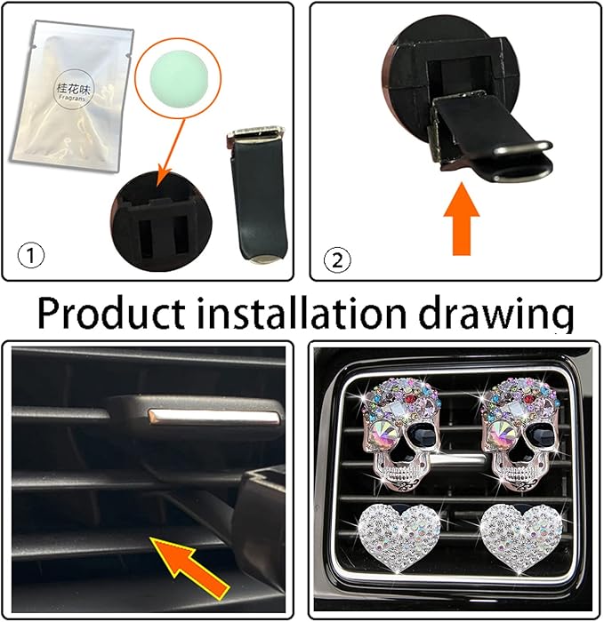 4 Pcs Crystal Skull Car Air Fresheners Vent Clips, Rhinestone Diamond Car Decoration, Silver