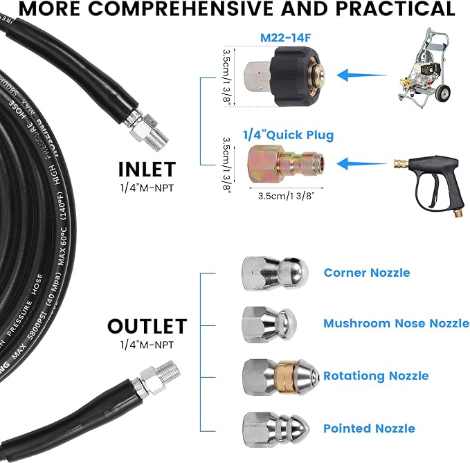 100FT Sewer Jetter Kit for Pressure Washer, 5800 PSI Water Jet Drain Cleaner Hose Corner Rotating Button Nose Sewer Jetting Nozzle 1/4 Inch NPT, Sewer Jetter Nozzles Kit with Spanner Handle Strap