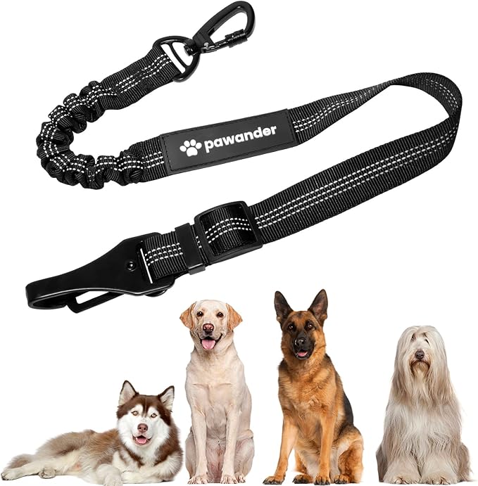 Dog Seat Belt for Car Seatbelt Clip or Hook Latch, Adjustable Reflective Bungee Dog Leash with Locking Zinc Alloy Carabiner, Elastic Buffer, Fits Most Cars/SUVs/Trucks (Black)