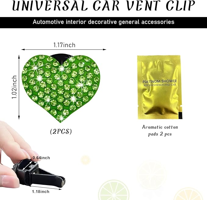 Ziciner 2PCS Bling Heart Car Air Vent Clips Charms, Heart Shaped Crystal Air Freshener Vent Clips, Rhinestone Air Conditioning Outlet Clip, Car Decor Accessories for Women Girls (Green)