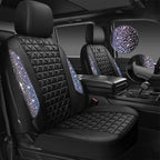 CAR PASS Bling Diamond Black Leather Car Seat Covers Full Set Interior Sets, Waterproof Shining Glitter Sparkly Crystal Armrest Fit Automotive Truck SUV Cute Women Girl, Bedazzed Iridescent Rhinestone