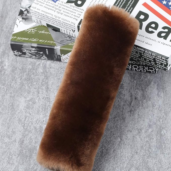 OGLAND 2 Pack Automotive Authentic Sheepskin Car Seat Belt Pads, Soft Shoulder Pad, Neck Cushion Protector, Genuine Natural Merino Wool (Saddle Brown)