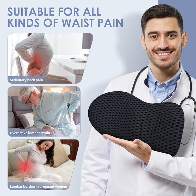 Lumbar Support Pillow, Memory Foam Lumbar Pillow for Lower Back Pain Relief, Back Support Pillow for Office Chair, Car Seat - Black