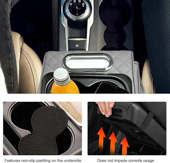 Car Center Console Armrest Pillow, Multifunctional Armrest Box Cover with Cup Phone Tissue Holder & Side Pockets, Waterproof Leather Middle Console Cushion for Most Vehicles (Gray, Embroidered)
