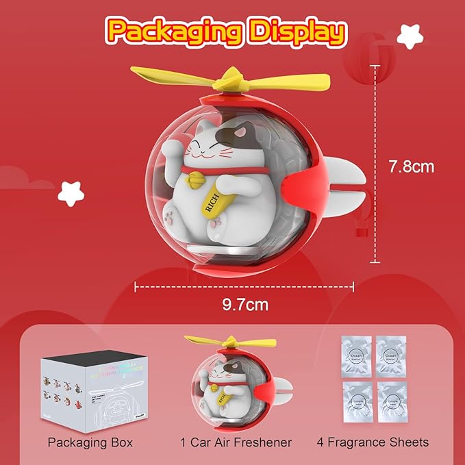 Lucky Cat Car Air Freshener with 6-Color Auto Light Up & 4 Scented Pads – Subtle Fragrance, Decorative Auto Accessories, Cute Mother's Day and Father's Day Small Gifts