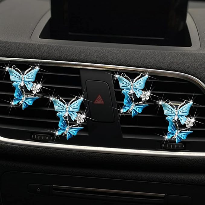 Car Air Fresheners Vent Clips for Women, Cute Dual Butterfly Diamond Rhinestone Air Freshener Vent Clip Sparkly Bling Car Accessories for Women (Blue)