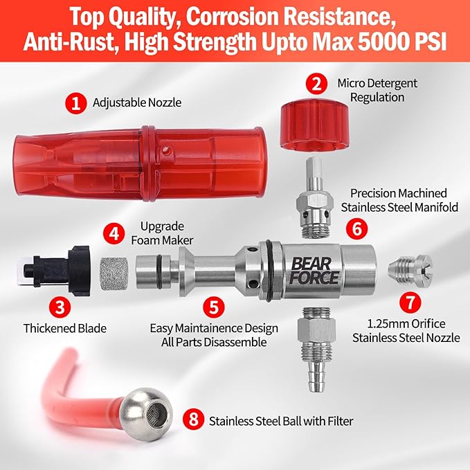 BEAR FORCE Pressure Washer Stainless Steel Foam Cannon Foam Generator with 1/4” Quick Connector & 1.25mm & 1.10mm Orifice Nozzle, 360° Adjustable Thicker Snow Foam with 32 oz Soap Car Wash